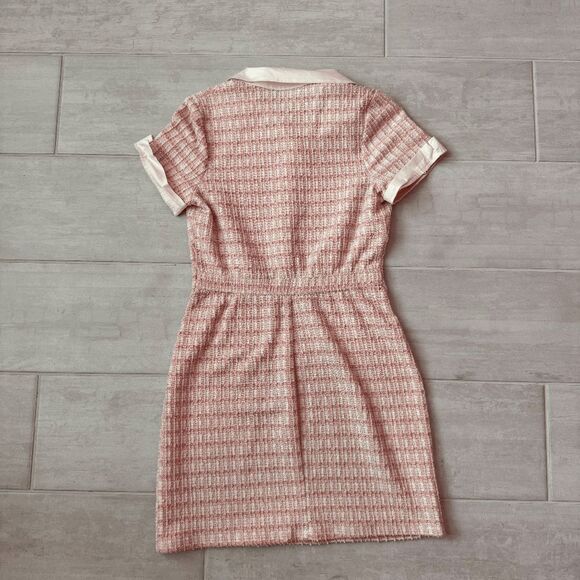 City Studios Mini Dress Tweed Preppy Collared Bouclé  Shift Pink White Academia - Picture 2 of 6